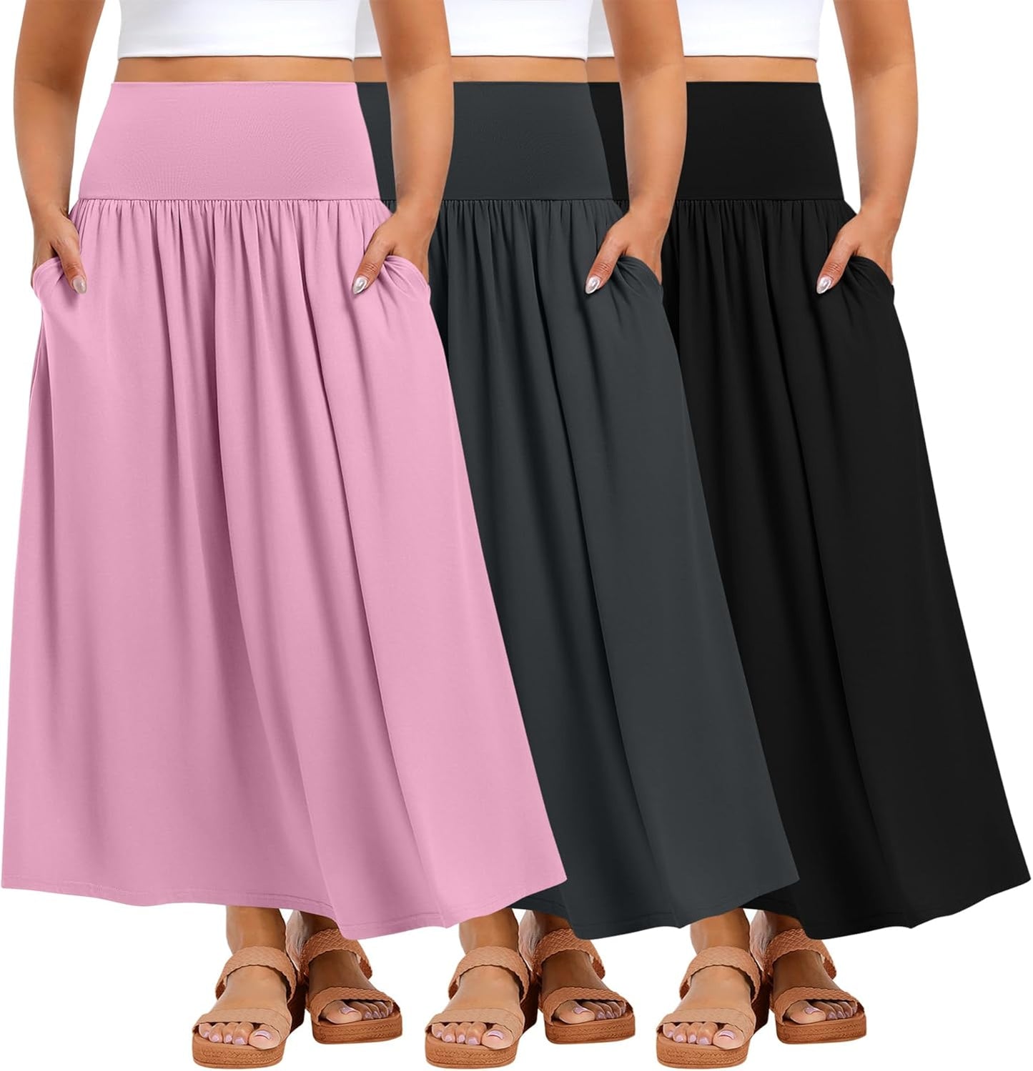 Ficerd 3 Pack Plus Size Maxi Skirts for Curvy Women Pockets Casual 2026 Boho Summer Flowy Long Skirt a Line High Waist Dress
