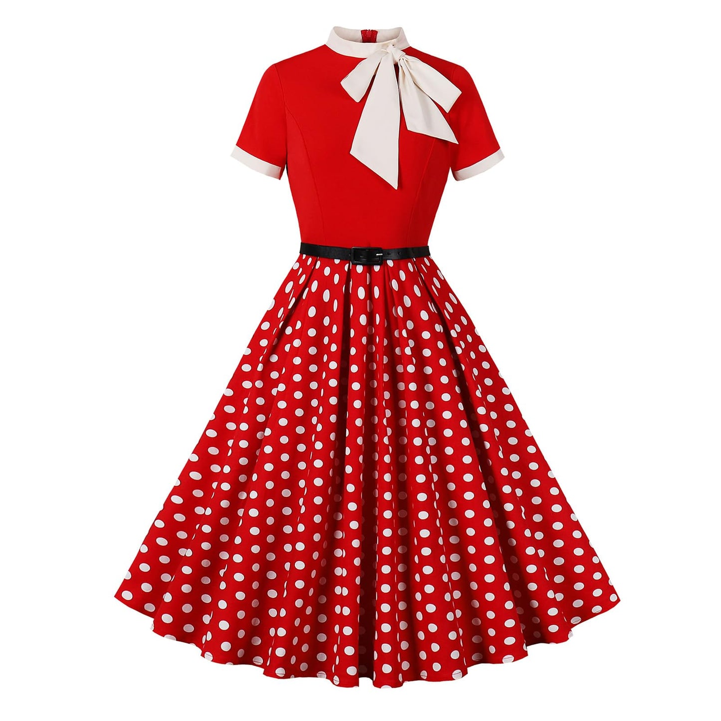 50s Style Dresses for Women Vintage Short Sleeve Tie Neck Swing Dress Midi Prom Dress with Belt