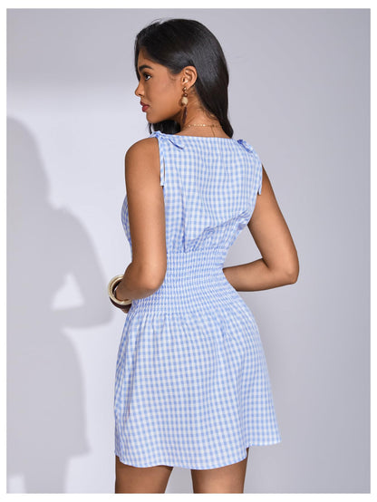 Floerns Women's Tie Shoulder A Line Gingham Dress Boat Neck Mini Checkered Elegant Dresses