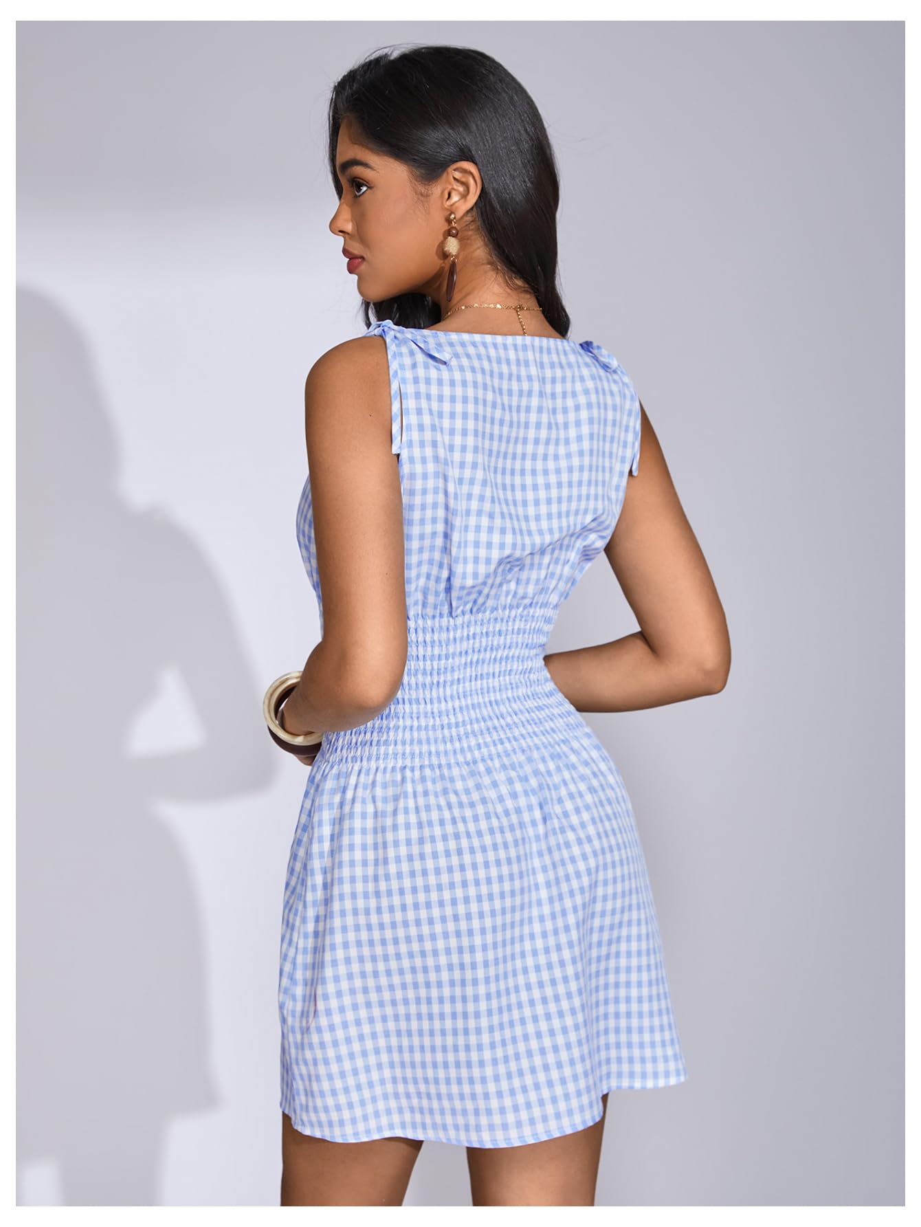 Floerns Women's Tie Shoulder A Line Gingham Dress Boat Neck Mini Checkered Elegant Dresses