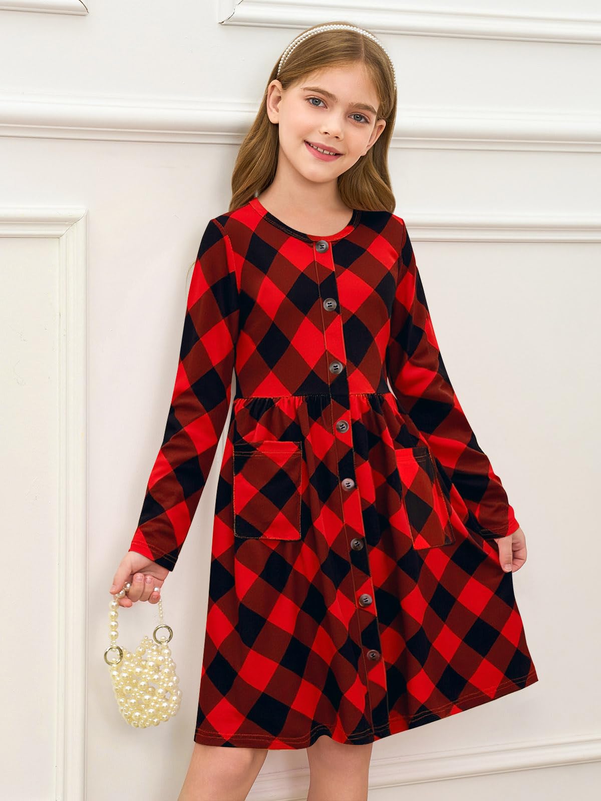 Girls Dresses Kids Button Down Midi Long Sleeve Casual A Line Dress with Pockets 4-14 Years