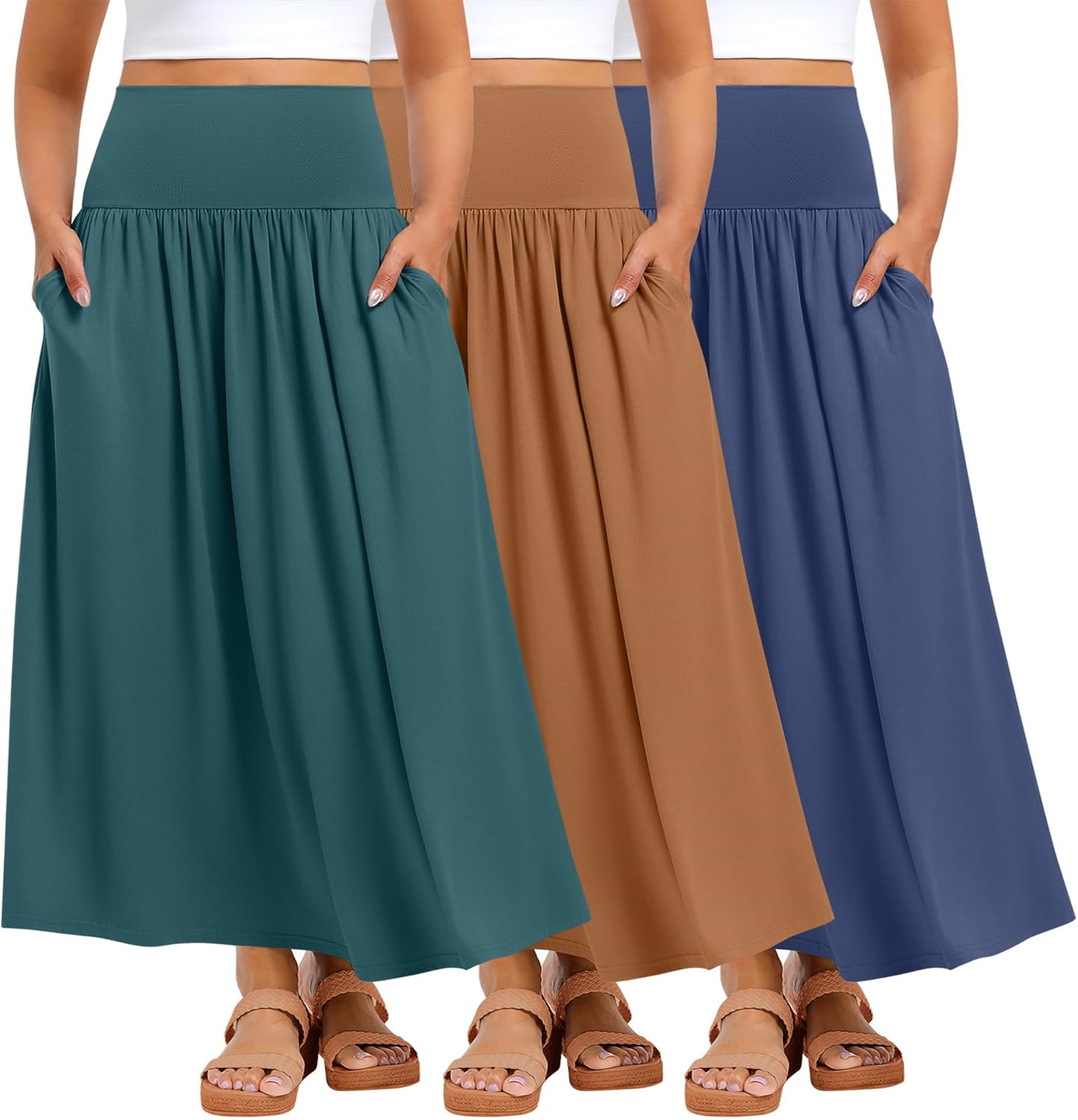 Ficerd 3 Pack Plus Size Maxi Skirts for Curvy Women Pockets Casual 2026 Boho Summer Flowy Long Skirt a Line High Waist Dress