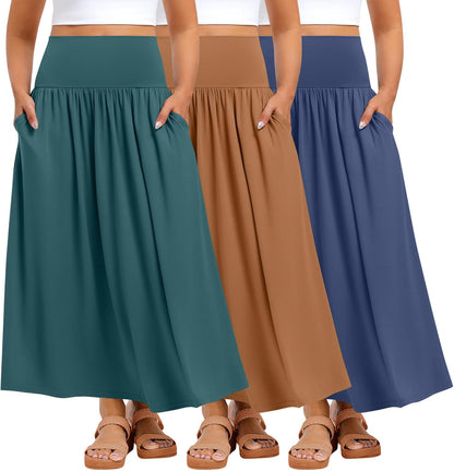 Ficerd 3 Pack Plus Size Maxi Skirts for Curvy Women Pockets Casual 2026 Boho Summer Flowy Long Skirt a Line High Waist Dress