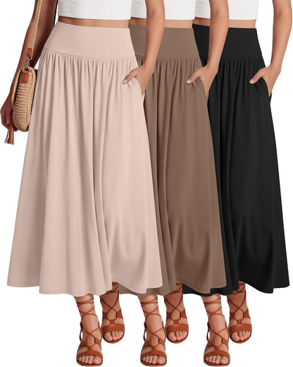 Ficerd 3 Pack Maxi Long Skirts for Women, Ankle Length High Waisted Pleated Flowy a Line Summer Casual Skirts with Pockets