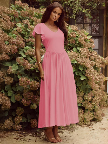 YUNDAI Women's Scoop Neck Flutter Sleeve Midi Dress with Pocket Elegant Flowy A Line Tie Back Dress