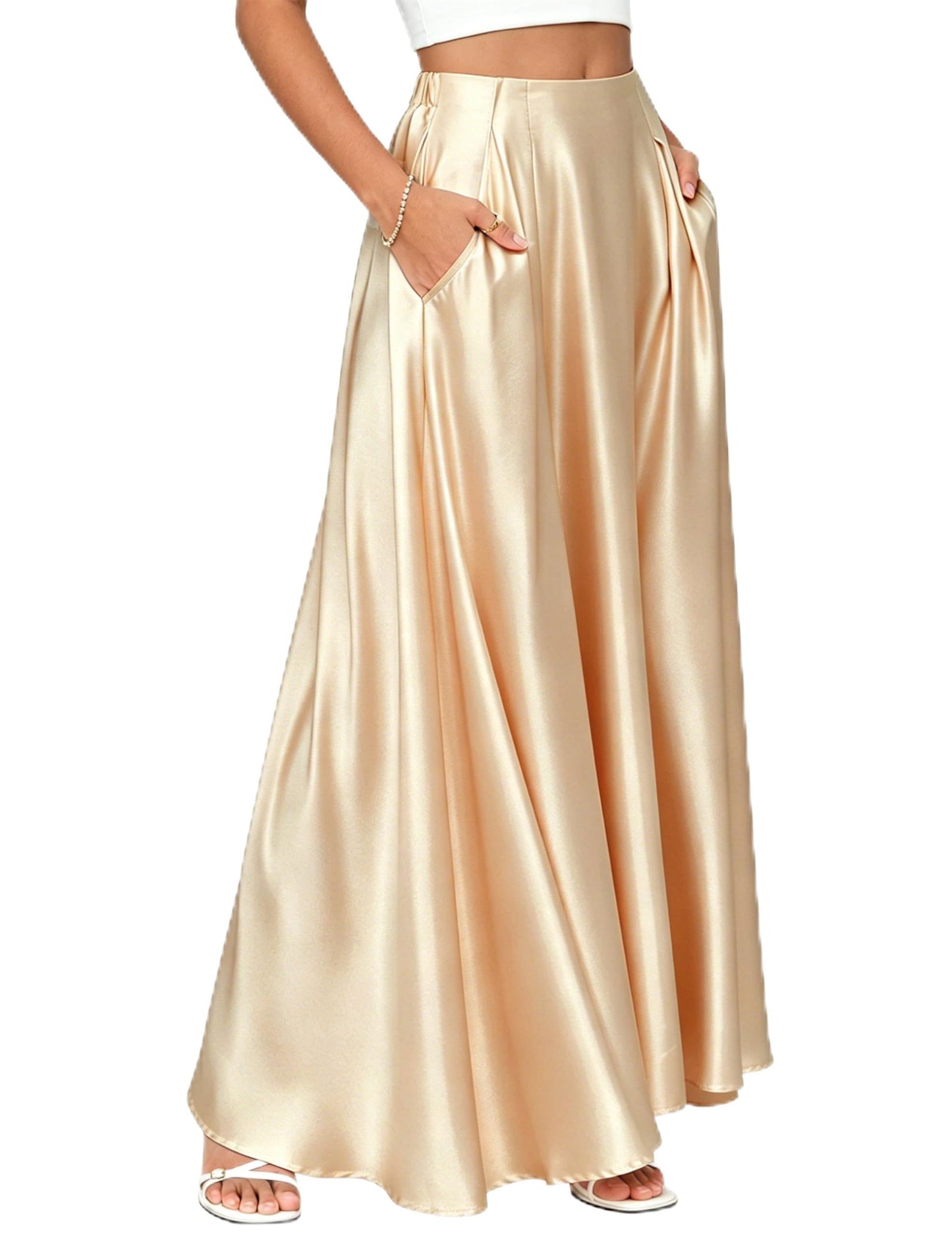 MAKABO Maxi Satin Skirts for Womens High Waisted Flowy Long A line Skirt Trendy for Office Holiday Party