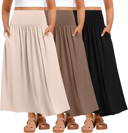 Ficerd 3 Pack Plus Size Maxi Skirts for Curvy Women Pockets Casual 2026 Boho Summer Flowy Long Skirt a Line High Waist Dress
