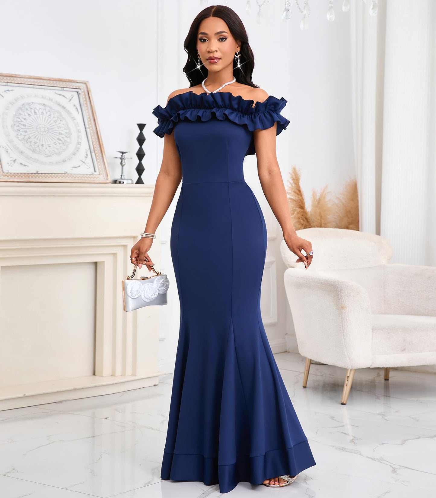 Cololura Sexy Floor-Length Off Shoulder Ruffles Stringy Selvedge Mermaid Bodycon Party Evening Maxi Dress