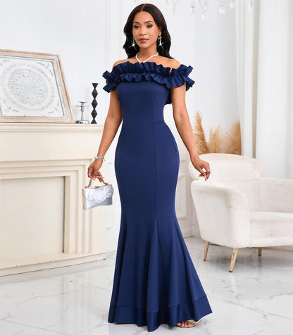 Cololura Sexy Floor-Length Off Shoulder Ruffles Stringy Selvedge Mermaid Bodycon Party Evening Maxi Dress