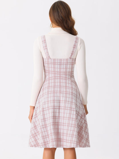 Allegra K Tweed Dress for Women Sleeveless Square Neck Plaid A-Line Pinafore Overall Dresses