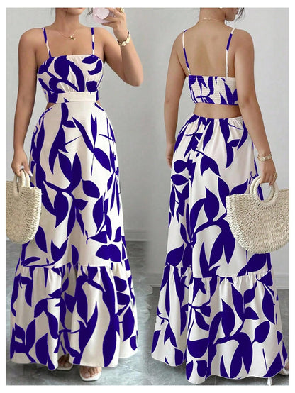 OYOANGLE Women's Cut Out Floral Print Tropical Maxi Cami Dress Ruffle Flowy Summer Vacation Spaghetti Strap Sundress
