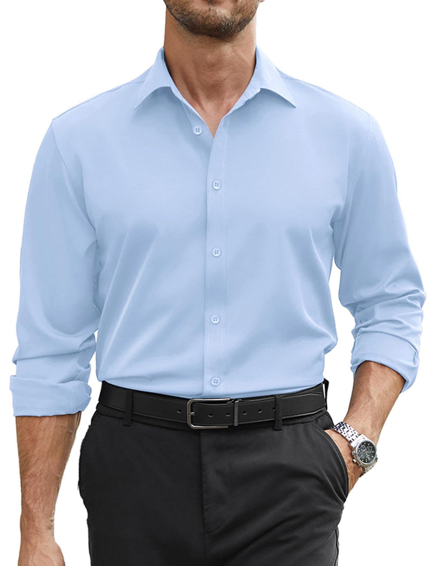 COOFANDY Mens Stretch Dress Shirts Long Sleeve Button Down Shirt Regular Fit Formal Business Wedding Shirts
