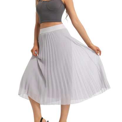 Womens Chiffon High Waist Skirt Pleated A-Line Swing Elastic Shirring Midi Length