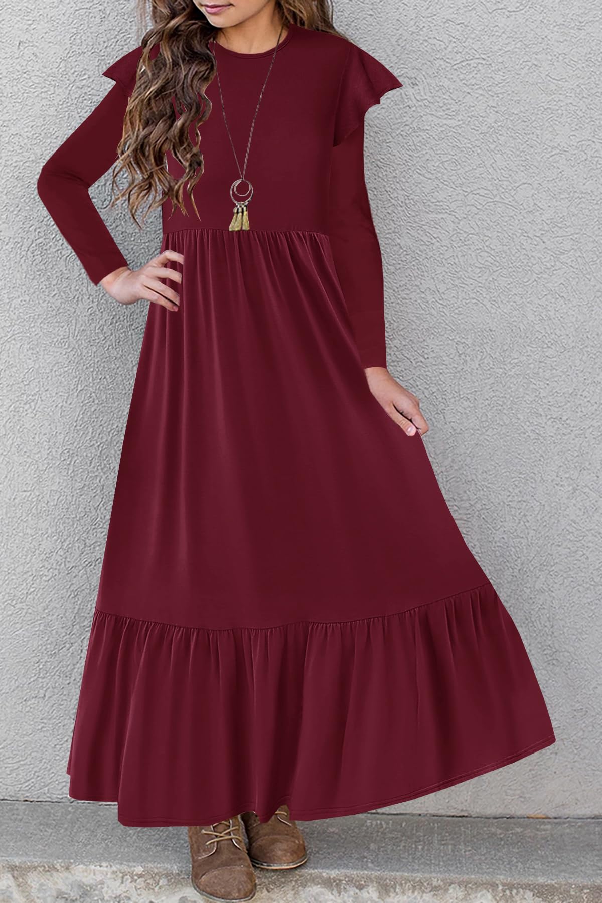 HOSIKA Girls Fall Ruffle Long Sleeve Crew Neck Loose Casual Flowy Tiered Maxi Dress with Pockets for 6-12 Y