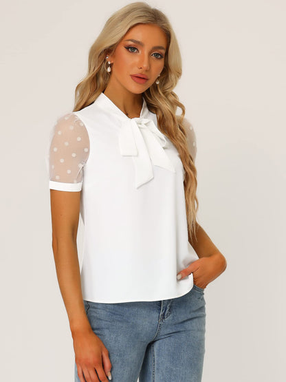 Allegra K Women's Bow Tie Neck V Neck Stand Collar Short Mesh Sleeve Blouse