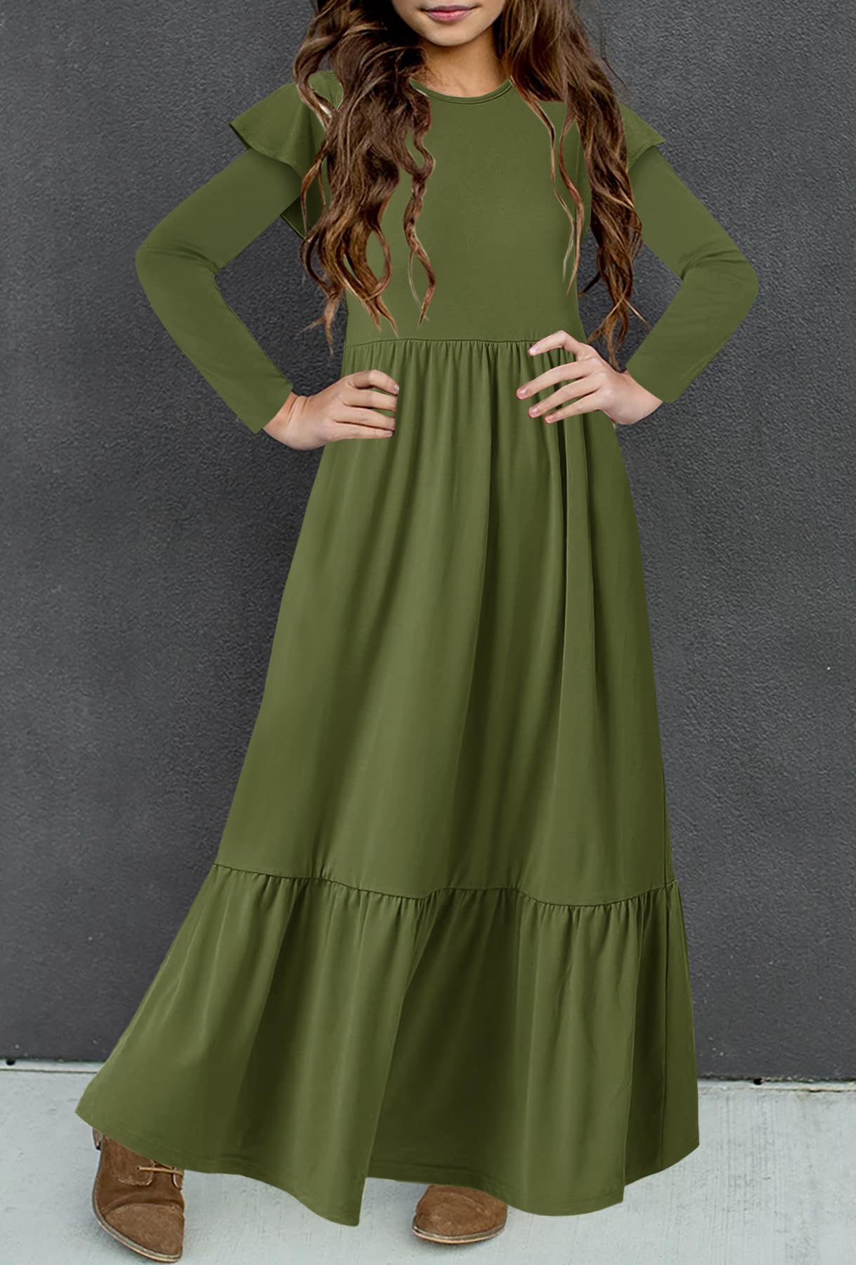 HOSIKA Girls Fall Ruffle Long Sleeve Crew Neck Loose Casual Flowy Tiered Maxi Dress with Pockets for 6-12 Y