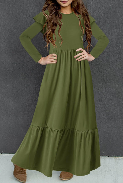 HOSIKA Girls Fall Ruffle Long Sleeve Crew Neck Loose Casual Flowy Tiered Maxi Dress with Pockets for 6-12 Y