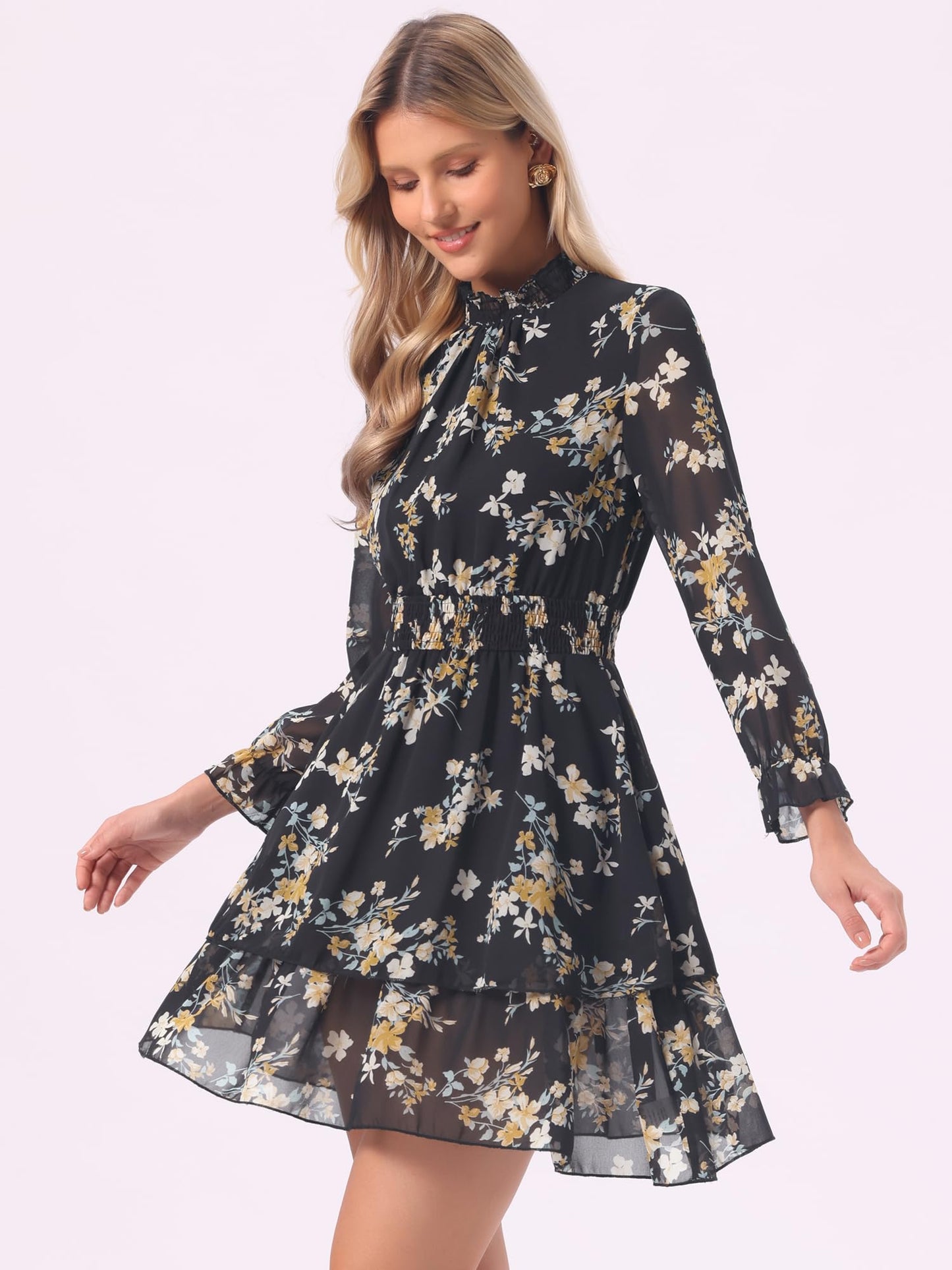 Allegra K Women's Floral Dress Chiffon Long Sleeve Mock Neck Ruffle Layered Smocked Mini Dresses