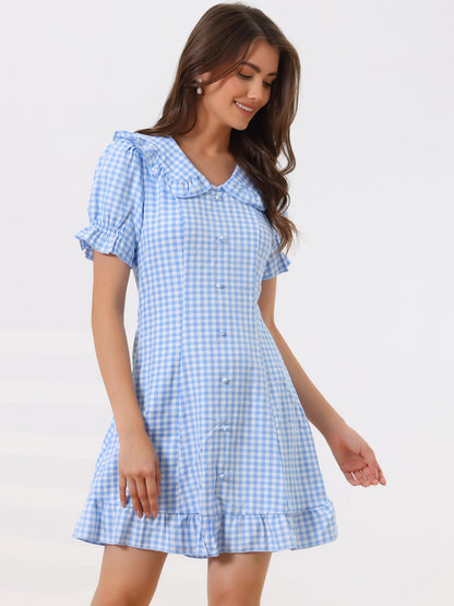 Allegra K Women's Gingham Checks Ruffled Peter Pan Collar Cute Mini Dress
