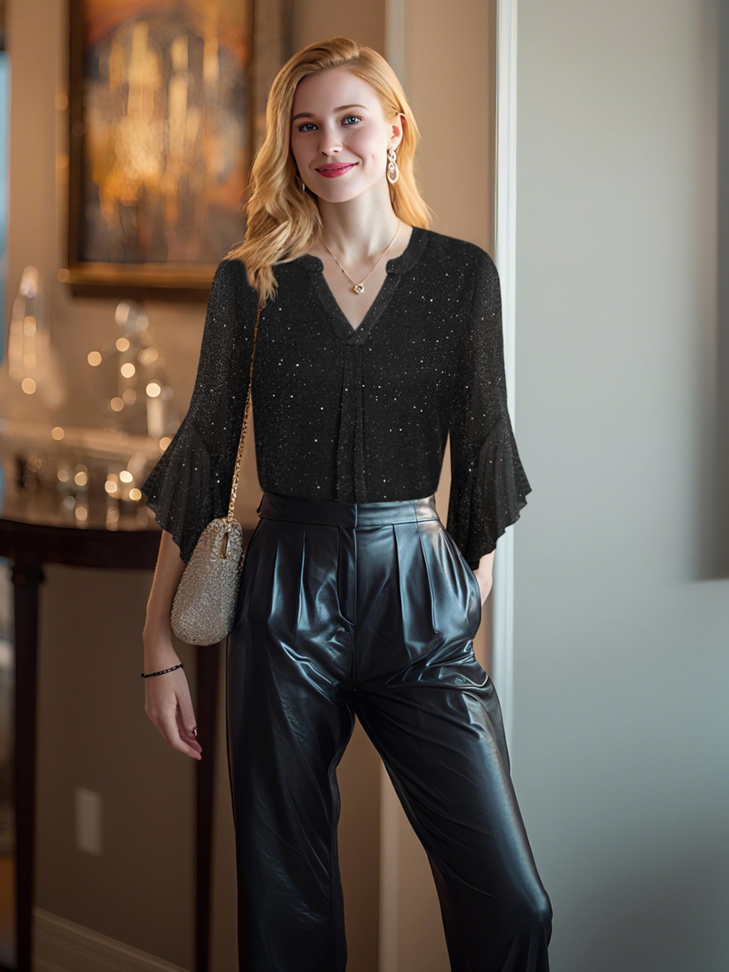 Ninedaily Womens Sparkly Tops 3/4 Sleeve Dressy Casual Sequin Blouses Double Layers Loose V Neck Shirt