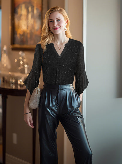 Ninedaily Womens Sparkly Tops 3/4 Sleeve Dressy Casual Sequin Blouses Double Layers Loose V Neck Shirt