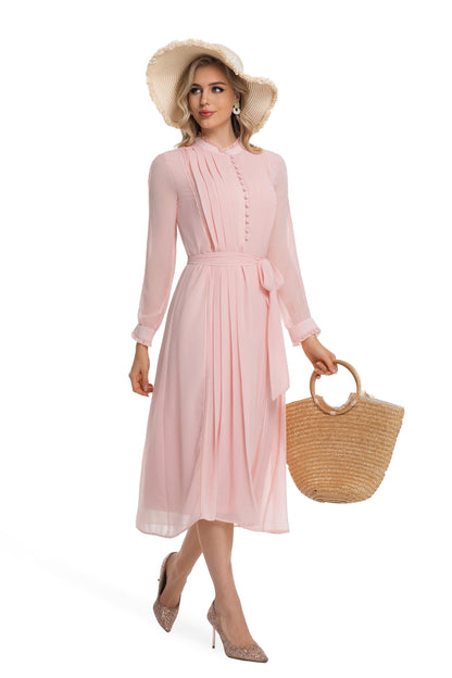 Women's 2026 Spring Fall Midi Dress with Belt Casual Long Sleeve Lace V Neck Pleated A Line Flowy Dresses for Work or Daily