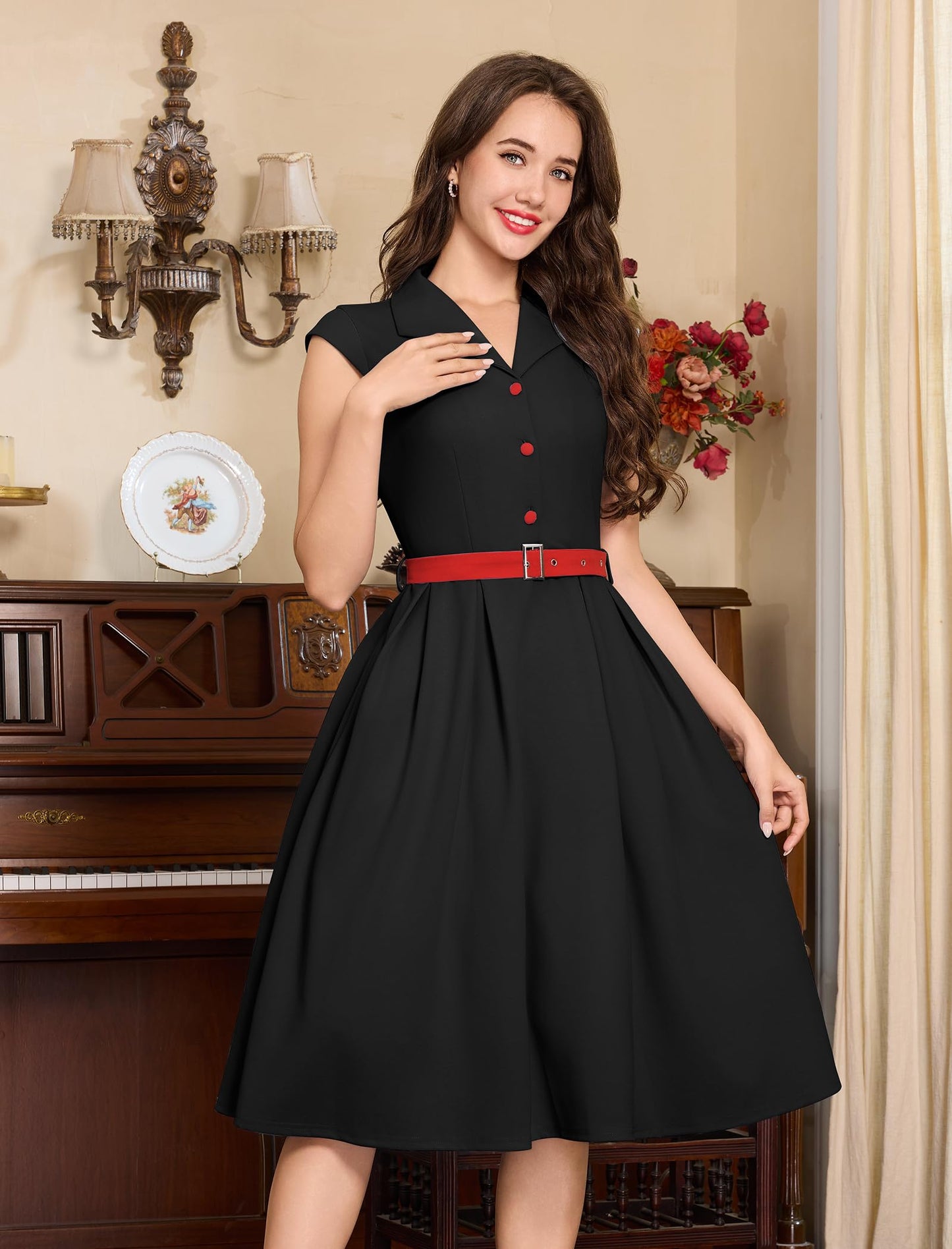 Women's 1950s Retro Dress Sleeveless Cocktail Prom Swing Midi Belt Dresses with Pockets Vintage Style