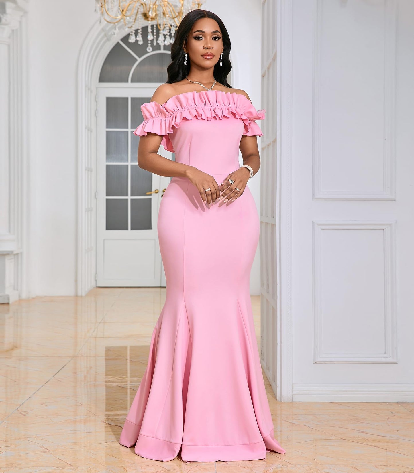 Cololura Sexy Floor-Length Off Shoulder Ruffles Stringy Selvedge Mermaid Bodycon Party Evening Maxi Dress