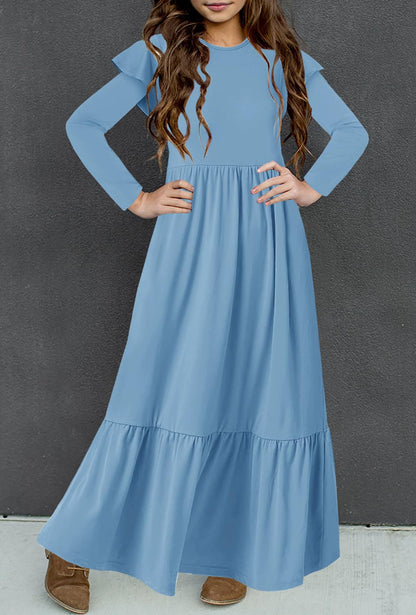 HOSIKA Girls Fall Ruffle Long Sleeve Crew Neck Loose Casual Flowy Tiered Maxi Dress with Pockets for 6-12 Y