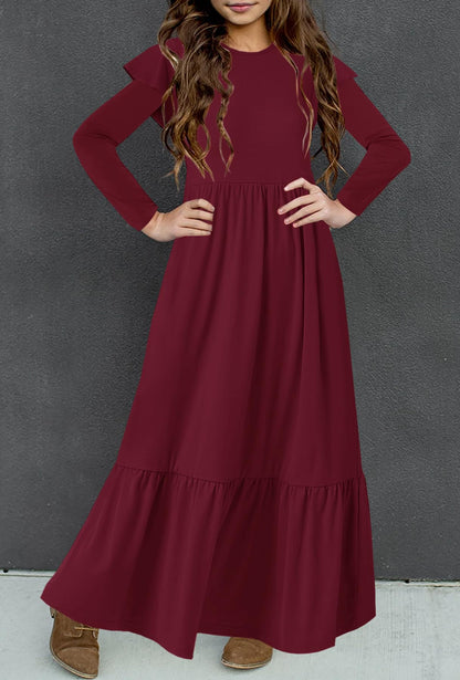 HOSIKA Girls Fall Ruffle Long Sleeve Crew Neck Loose Casual Flowy Tiered Maxi Dress with Pockets for 6-12 Y