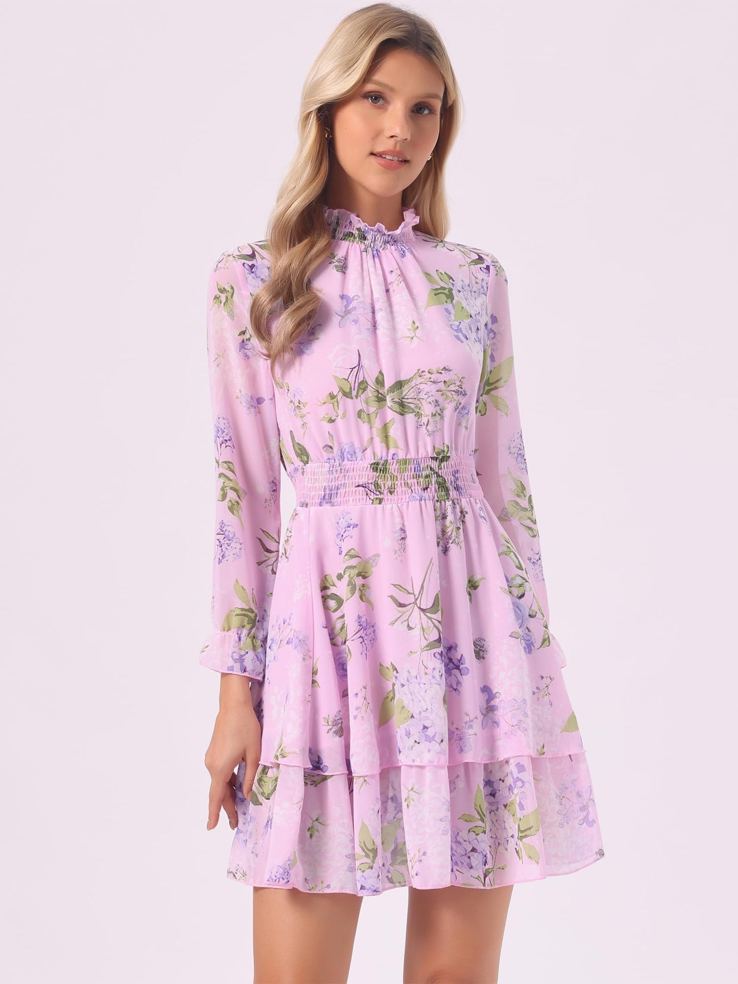 Allegra K Women's Floral Dress Chiffon Long Sleeve Mock Neck Ruffle Layered Smocked Mini Dresses