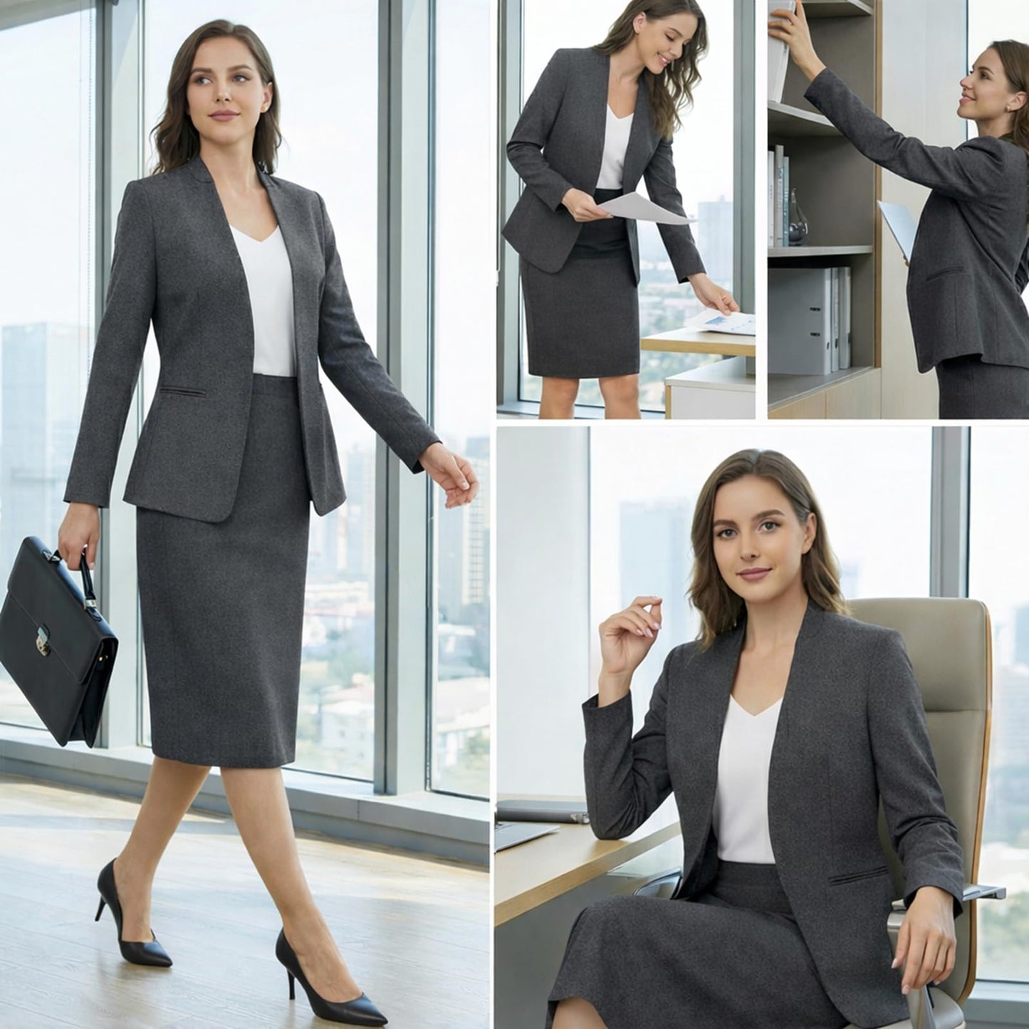 Women's 2 Piece Business Suit Skirt Set Collarless Blazer Jacket & Pencil Skirt Office Work Professional Outfits