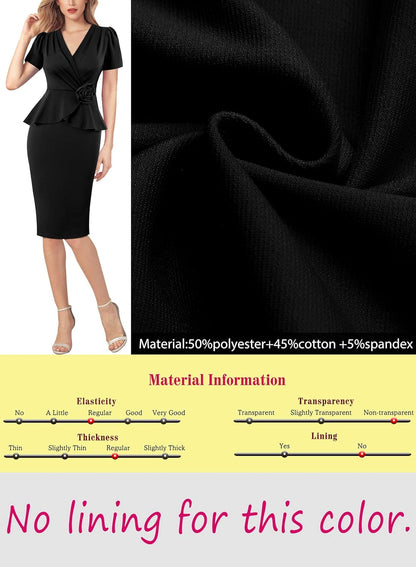 VFSHOW Womens 2024 Business Work Office 3D Flower Pleated Puff Sleeve Faux Wrap V Neck Slim Bodycon Pencil Dress