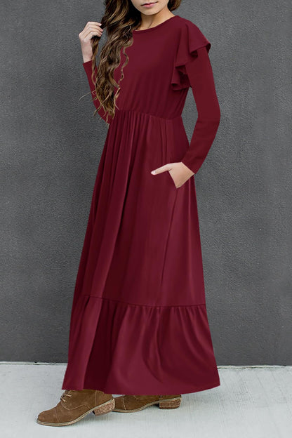 HOSIKA Girls Fall Ruffle Long Sleeve Crew Neck Loose Casual Flowy Tiered Maxi Dress with Pockets for 6-12 Y