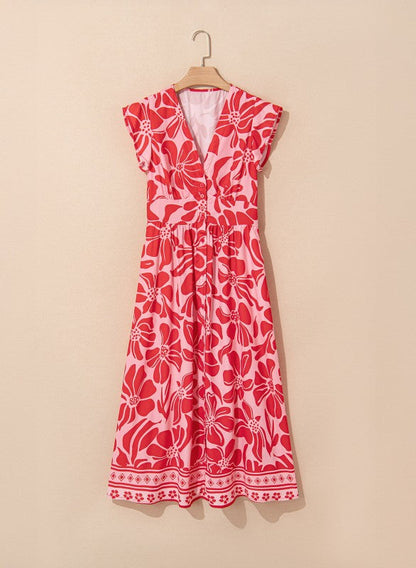 Floral Short Sleeve V-Neck Buttoned Maxi Dress