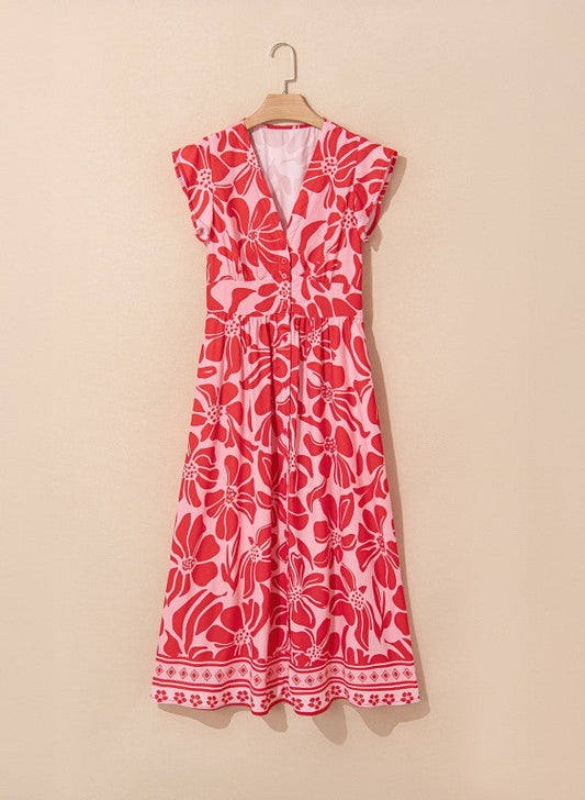 Floral Short Sleeve V-Neck Buttoned Maxi Dress