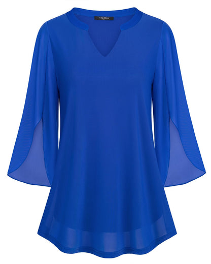 VALOLIA Women's 3/4 Sleeve Floral Tunic Tops V Neck Double Layers Loose Fit Mesh Blouses Shirt