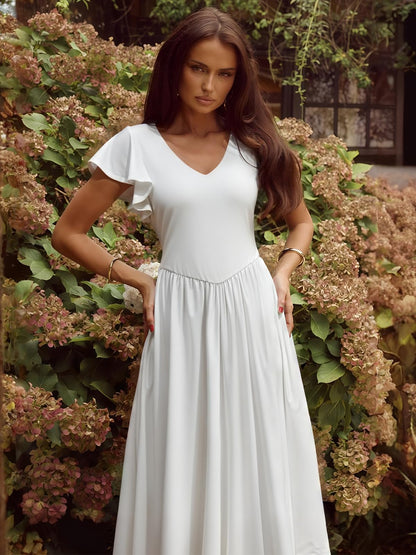 YUNDAI Women's Scoop Neck Flutter Sleeve Midi Dress with Pocket Elegant Flowy A Line Tie Back Dress