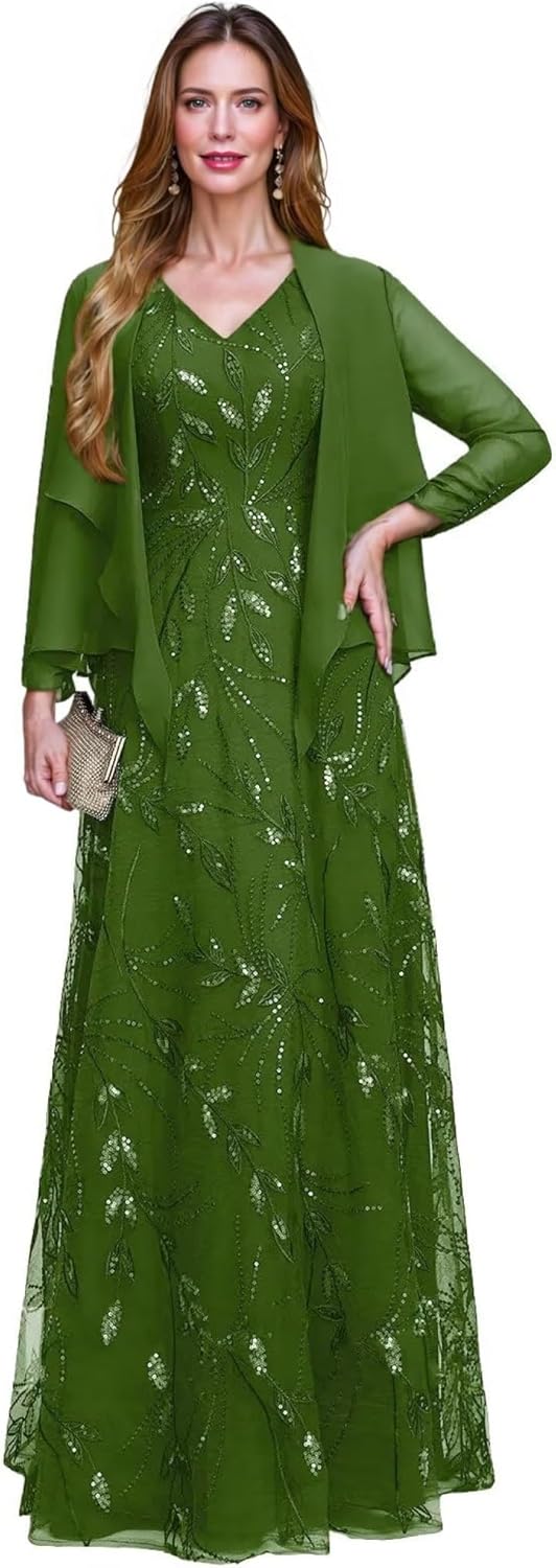 2 Piece Sequin Lace Mother of The Bride Dresses for Women with Jacket V Neck Long Formal Dresses Evening Gown