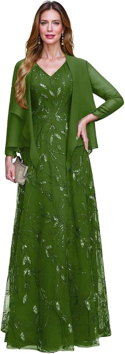 2 Piece Sequin Lace Mother of The Bride Dresses for Women with Jacket V Neck Long Formal Dresses Evening Gown