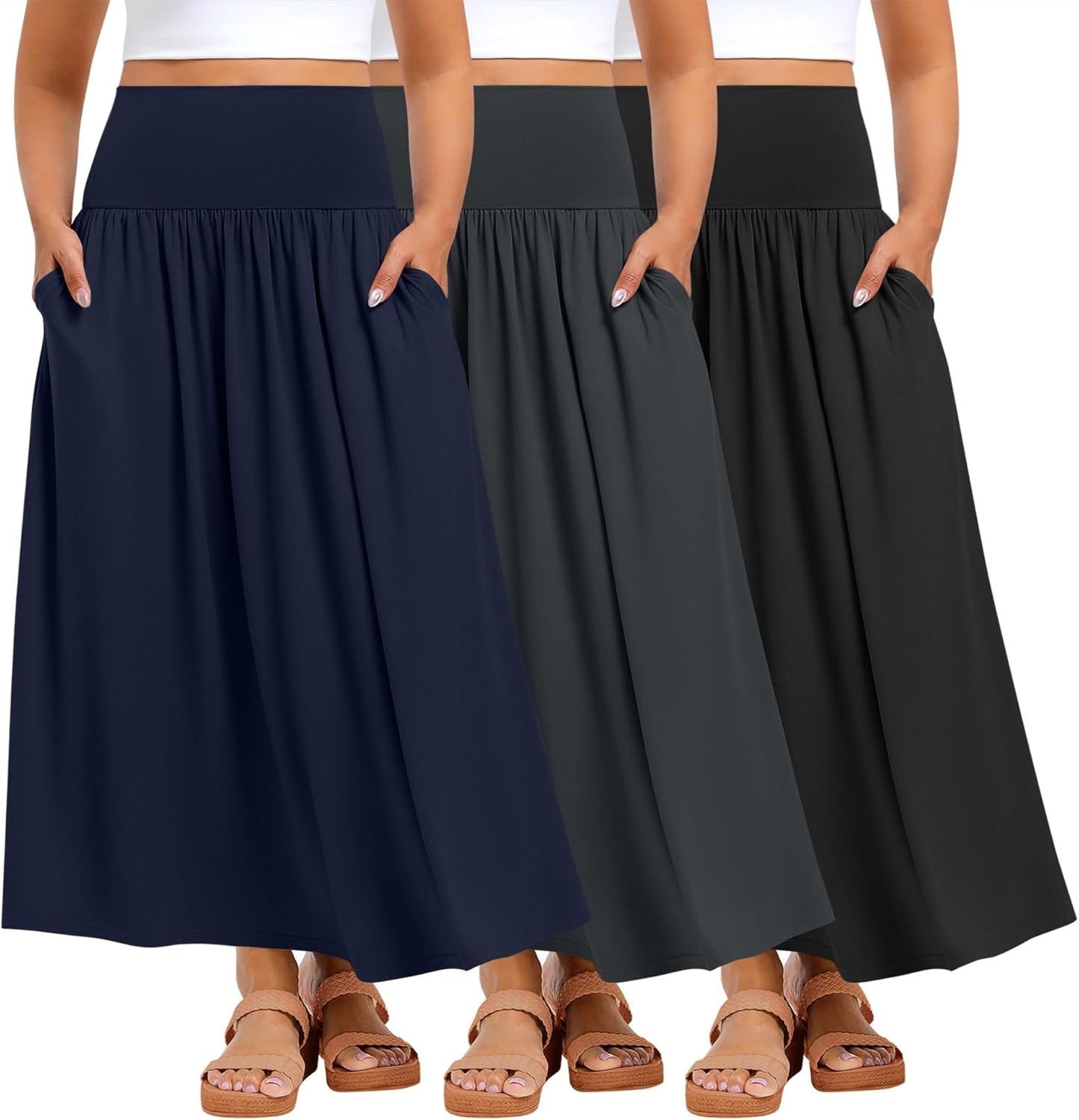 Ficerd 3 Pack Plus Size Maxi Skirts for Curvy Women Pockets Casual 2026 Boho Summer Flowy Long Skirt a Line High Waist Dress
