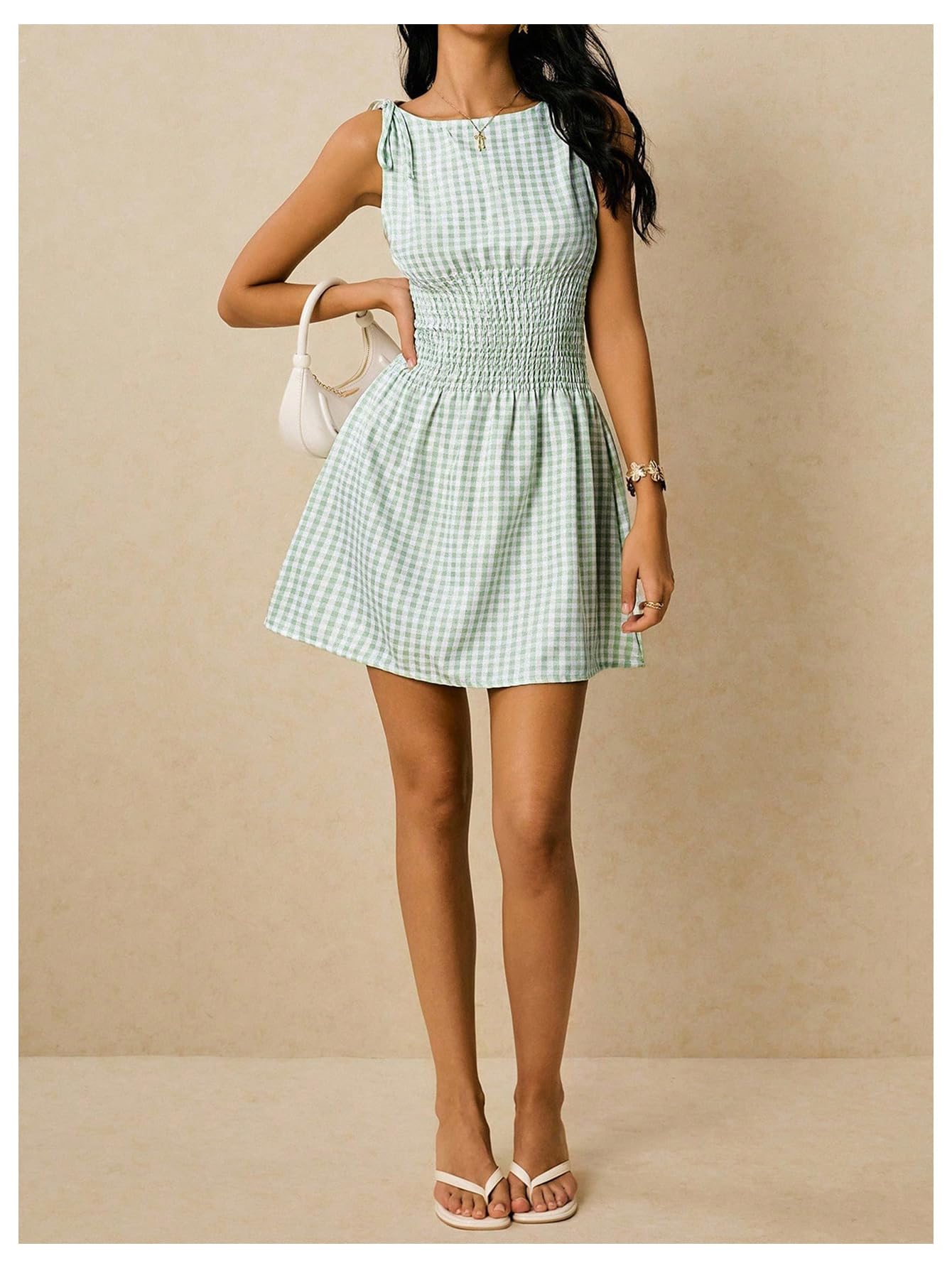 Floerns Women's Tie Shoulder A Line Gingham Dress Boat Neck Mini Checkered Elegant Dresses