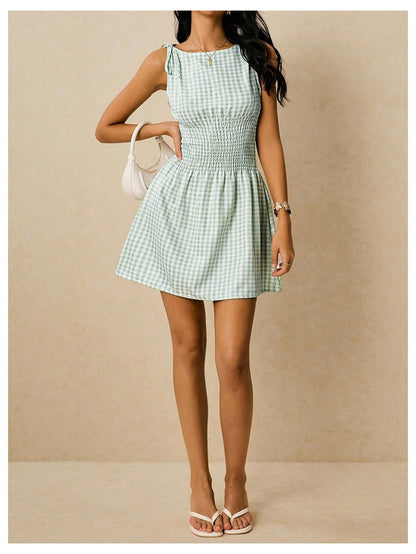 Floerns Women's Tie Shoulder A Line Gingham Dress Boat Neck Mini Checkered Elegant Dresses