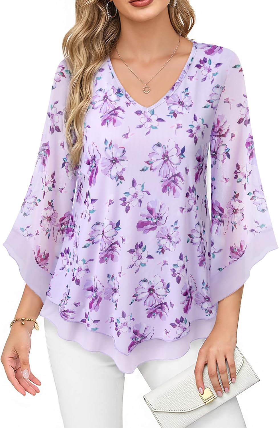 Lotusmile Womens Dressy Blouse Double Layers Mesh Shirt Ruffle 3/4 Flared Sleeve Tunic Tops