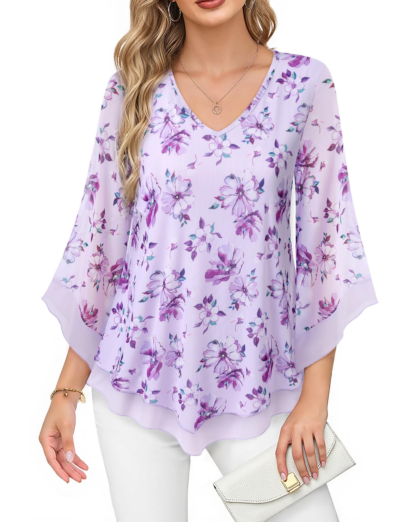 Lotusmile Womens Dressy Blouse Double Layers Mesh Shirt Ruffle 3/4 Flared Sleeve Tunic Tops