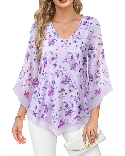 Lotusmile Womens Dressy Blouse Double Layers Mesh Shirt Ruffle 3/4 Flared Sleeve Tunic Tops