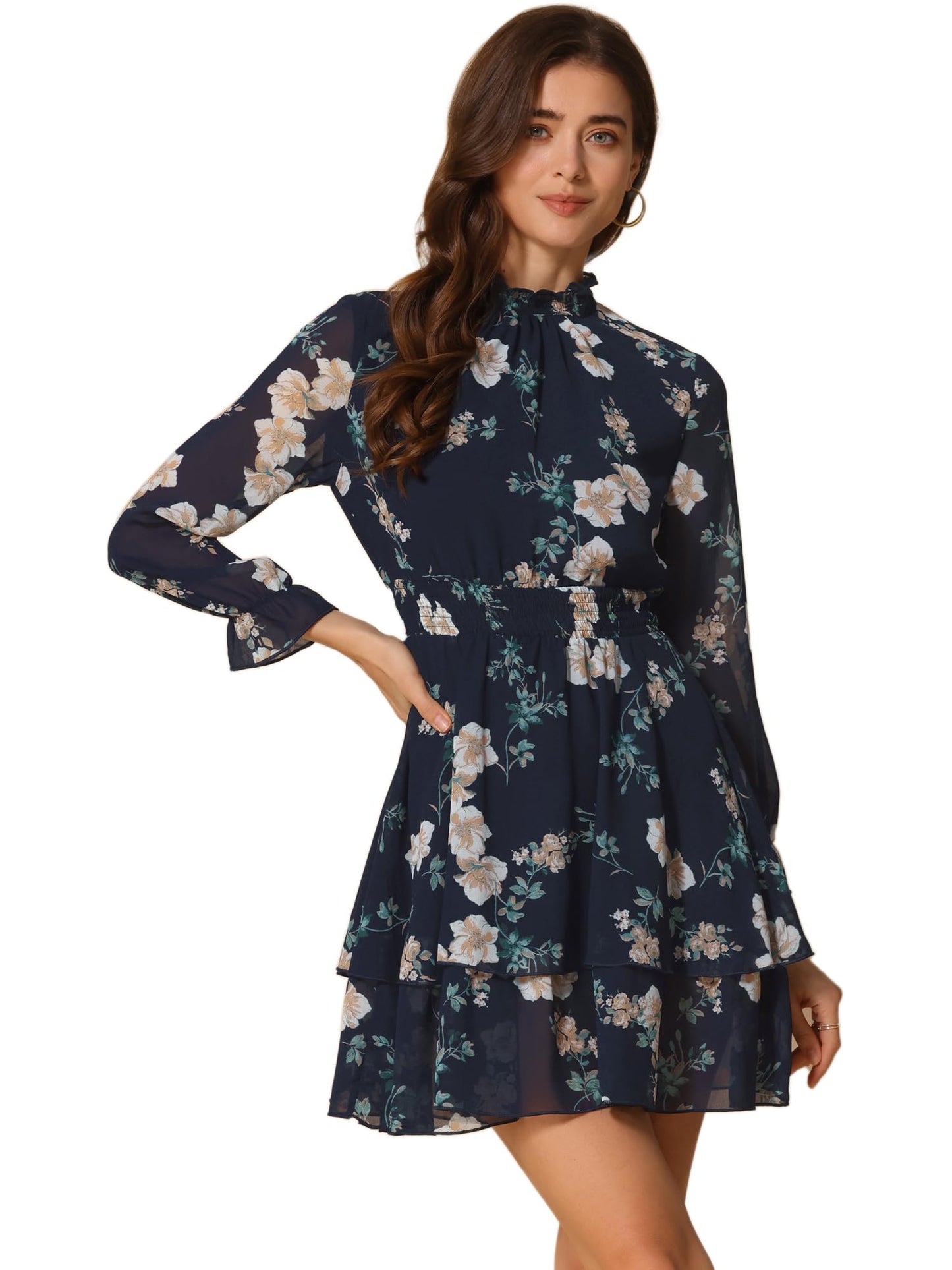 Allegra K Women's Floral Dress Chiffon Long Sleeve Mock Neck Ruffle Layered Smocked Mini Dresses