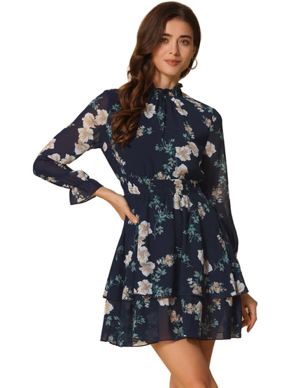 Allegra K Women's Floral Dress Chiffon Long Sleeve Mock Neck Ruffle Layered Smocked Mini Dresses
