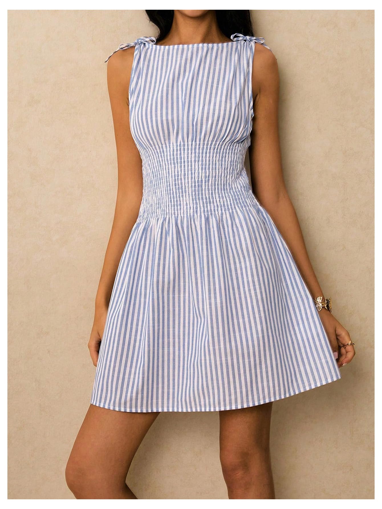 Floerns Women's Tie Shoulder A Line Gingham Dress Boat Neck Mini Checkered Elegant Dresses