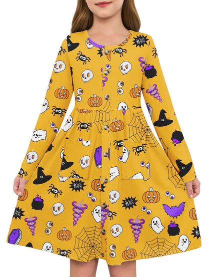 Girls Dresses Kids Button Down Midi Long Sleeve Casual A Line Dress with Pockets 4-14 Years